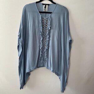 BCBGMaxAzria Ramzie Womens Shadow Blue Lined Asymmetric Fringe Kaftan Top Sz XS